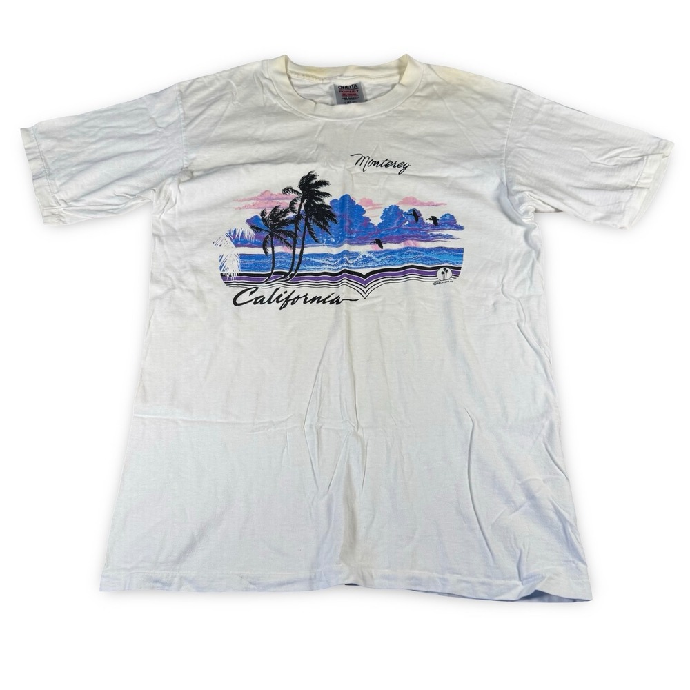 Vintage 80s Monterey California T Shirt Oneita Power-T Single Stitch USA L Beach